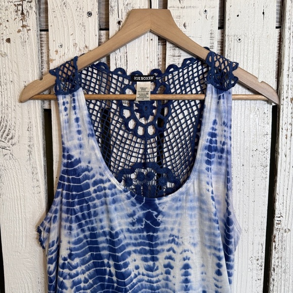 Joe Boxer Tie Dye Dress Hi-Low Crochet Back Size Large Blue‎ & White Sleeveless - Picture 3 of 11